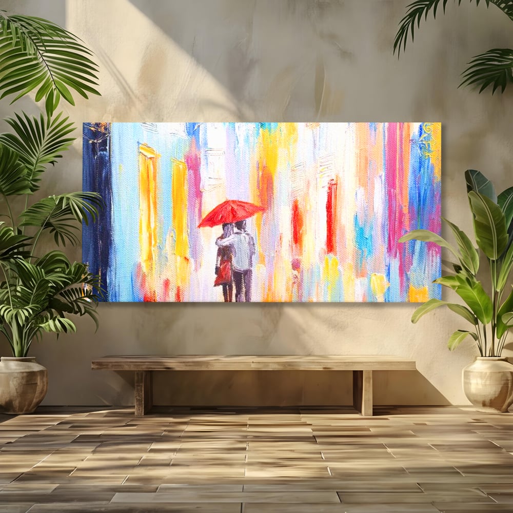 Tablou canvas cu pictura cu un cuplu sub umbrela, fara rama, pe sasiu de lemn